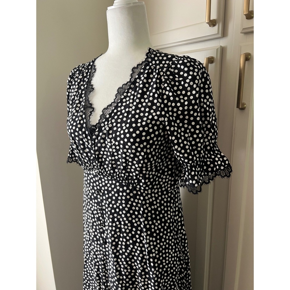 Talbots Polka Dot Lace Trim Midi Dress Black White V-Neck Short Sleeve NWT Sz 2 - Picture 10 of 15